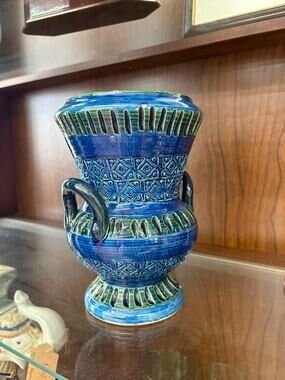 Authentic Bitossi Blue and Green Italian Pottery Vase with Handles
